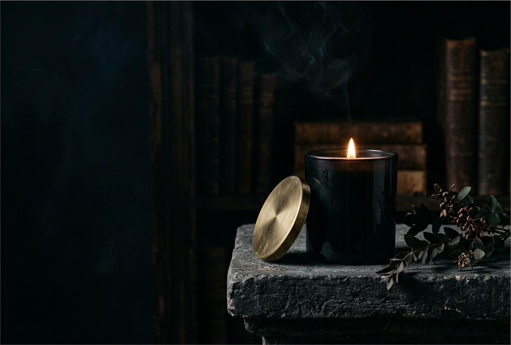 Vel & Wick black candle burning beside a gold lid on a dark stone plinth in a shadowed fragrance atelier