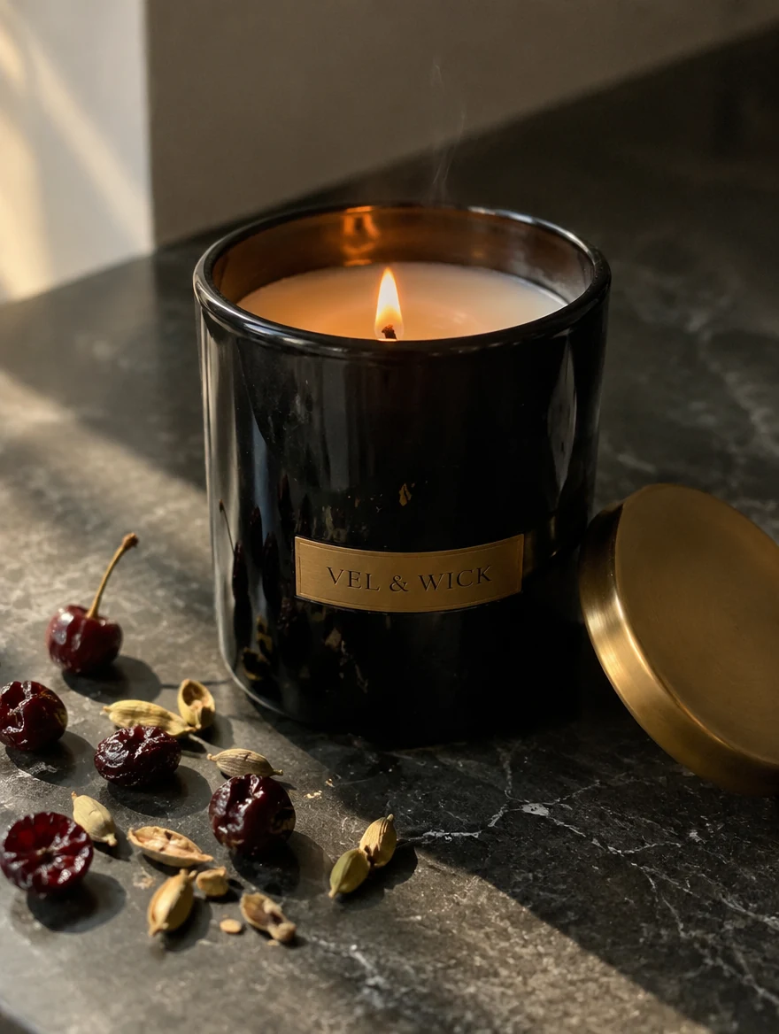 Vel & Wick Noir Cerise candle burning in a glossy black glass jar with a gold lid beside cherries and cardamom on dark stone