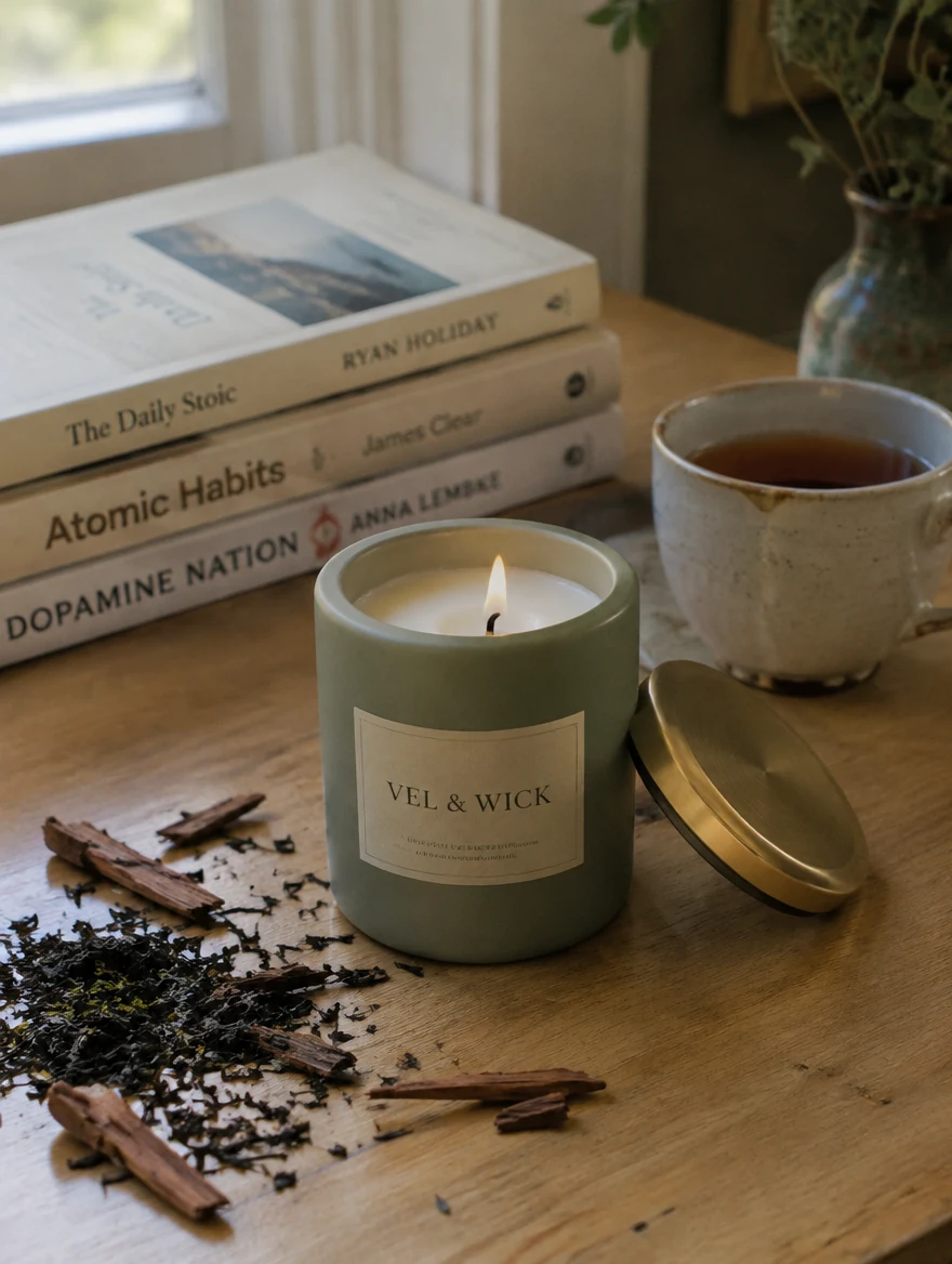 Vel & Wick Thé Noir candle burning in a matte sage jar with a gold lid beside a cup of black tea and cedarwood